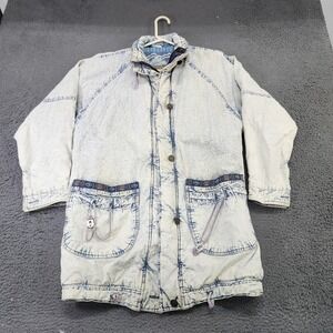 Vintage British Mist Denim Coat Womens Medium Blue Acid Wash Parka 80s 90s